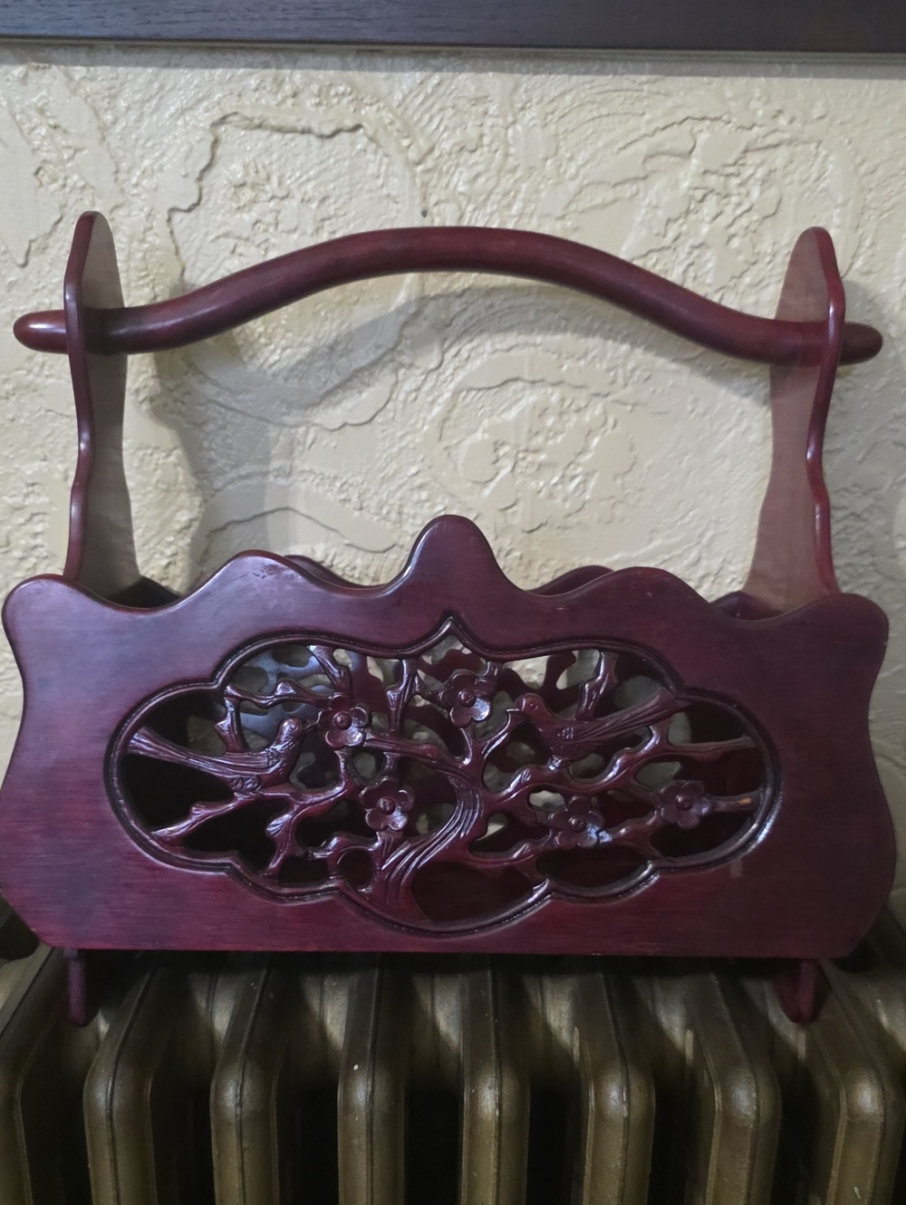 Decorative Carved Wooden Basket - Deep Cherry Red